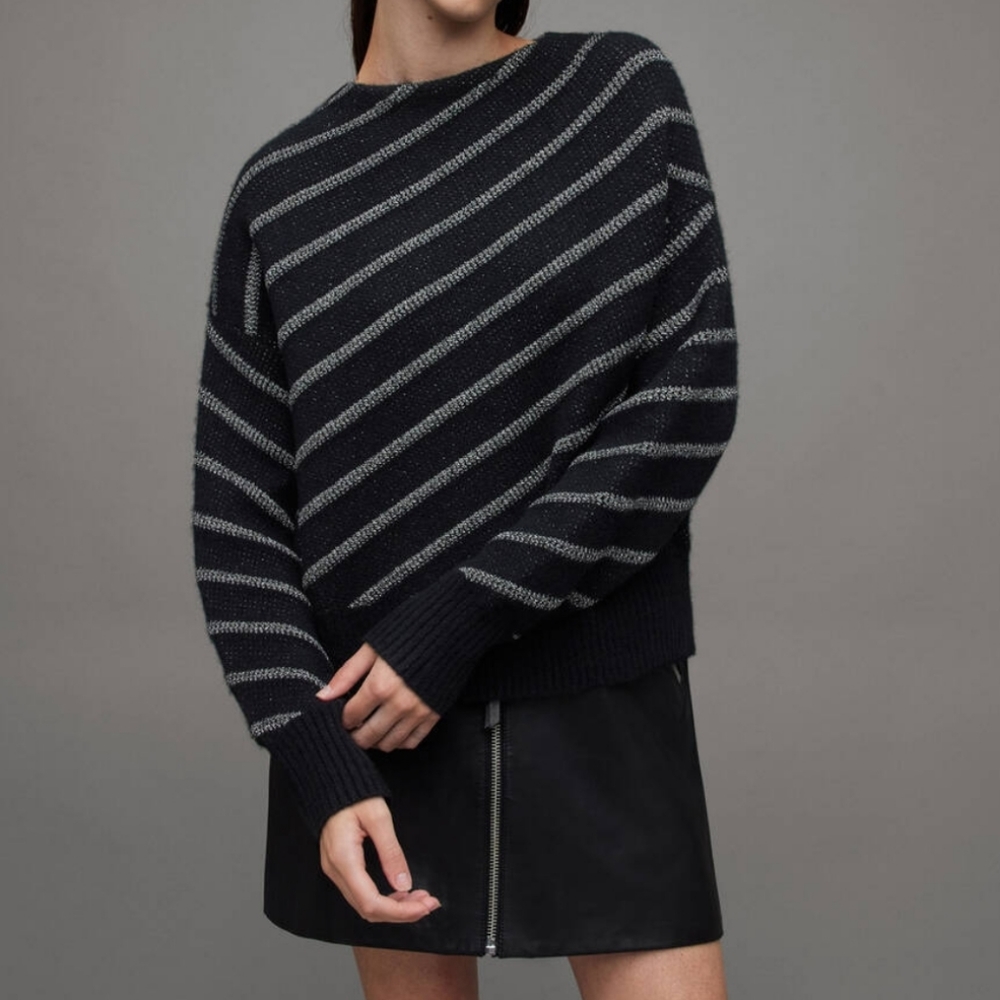 ALL SAINTS "Vega" Diagonal Stripe Cropped Wool Blend Sweater Sz L NWT